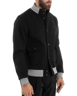 Giubbotto Uomo Tessuto Cappotto Bomber College In Panno Comodo Bicolore Giacca Calda Con Tasconi Casual Nero GIOSAL-G3245A