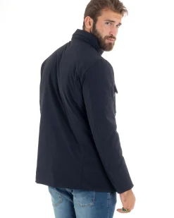Giubbotto Uomo Tessuto Tecnico Sahariana Tasche E Zip Giacca Imbottita Impermeabile Blu GIOSAL-G3250A