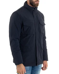 Giubbotto Uomo Tessuto Tecnico Sahariana Tasche E Zip Giacca Imbottita Impermeabile Blu GIOSAL-G3250A
