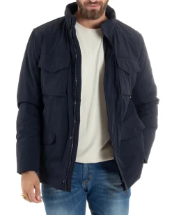 Giubbotto Uomo Tessuto Tecnico Sahariana Tasche E Zip Giacca Imbottita Impermeabile Blu GIOSAL-G3250A