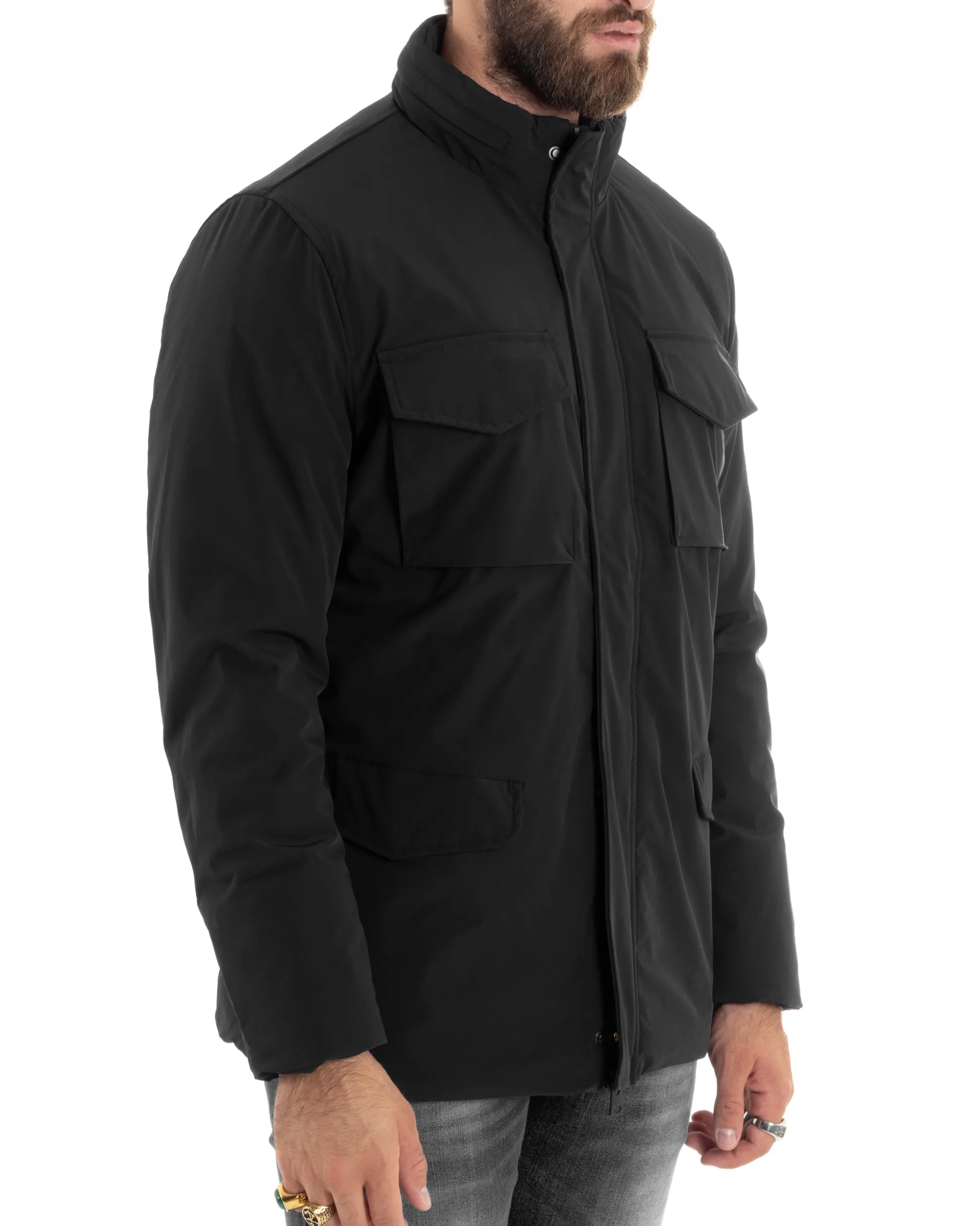 Giubbotto Uomo Tessuto Tecnico Sahariana Tasche E Zip Giacca Imbottita Impermeabile Nero GIOSAL-G3252A