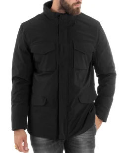 Giubbotto Uomo Tessuto Tecnico Sahariana Tasche E Zip Giacca Imbottita Impermeabile Nero GIOSAL-G3252A