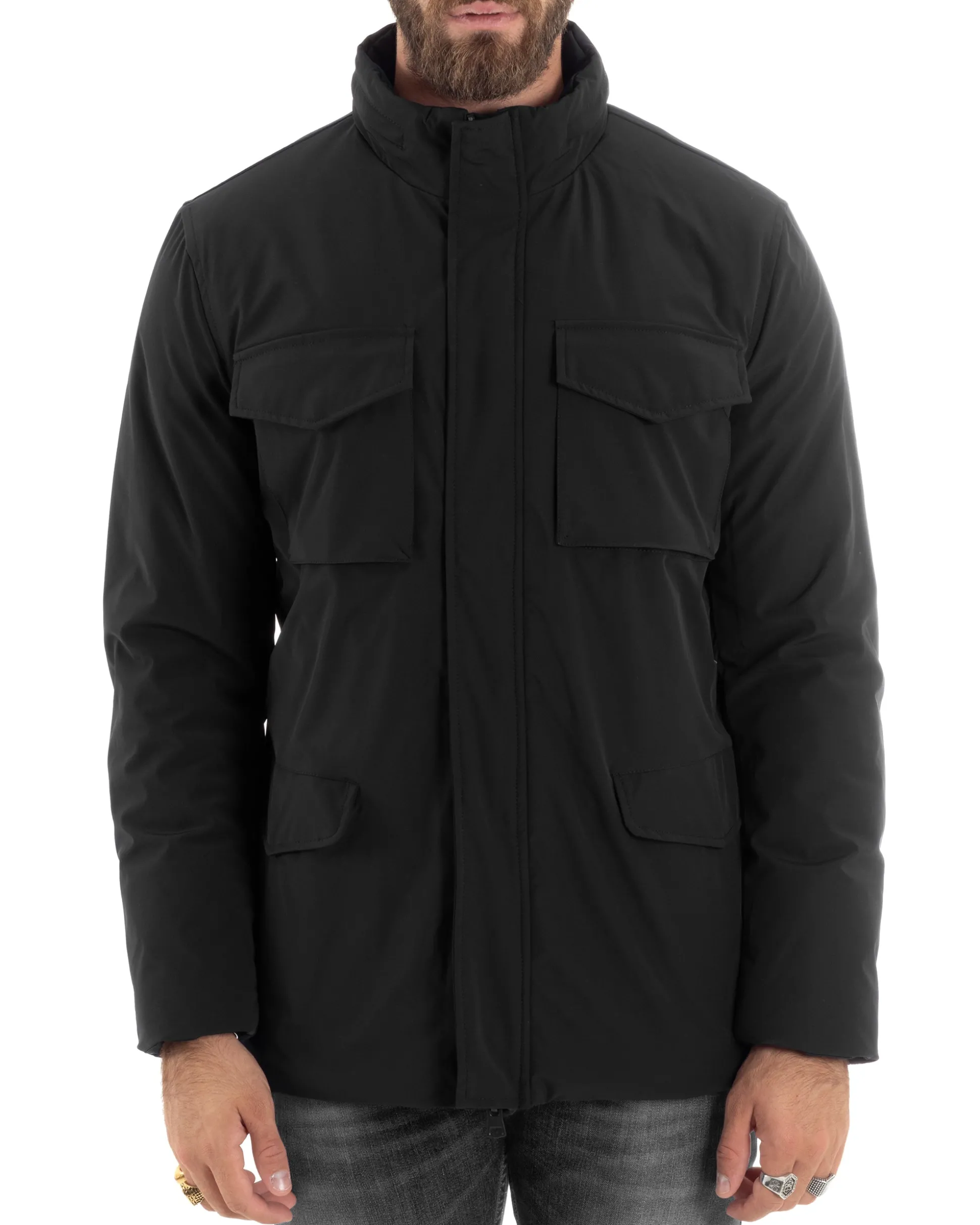 Giubbotto Uomo Tessuto Tecnico Sahariana Tasche E Zip Giacca Imbottita Impermeabile Nero GIOSAL-G3252A
