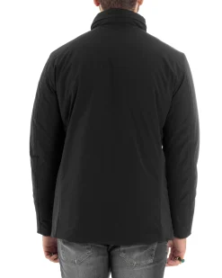 Giubbotto Uomo Tessuto Tecnico Sahariana Tasche E Zip Giacca Imbottita Impermeabile Nero GIOSAL-G3252A