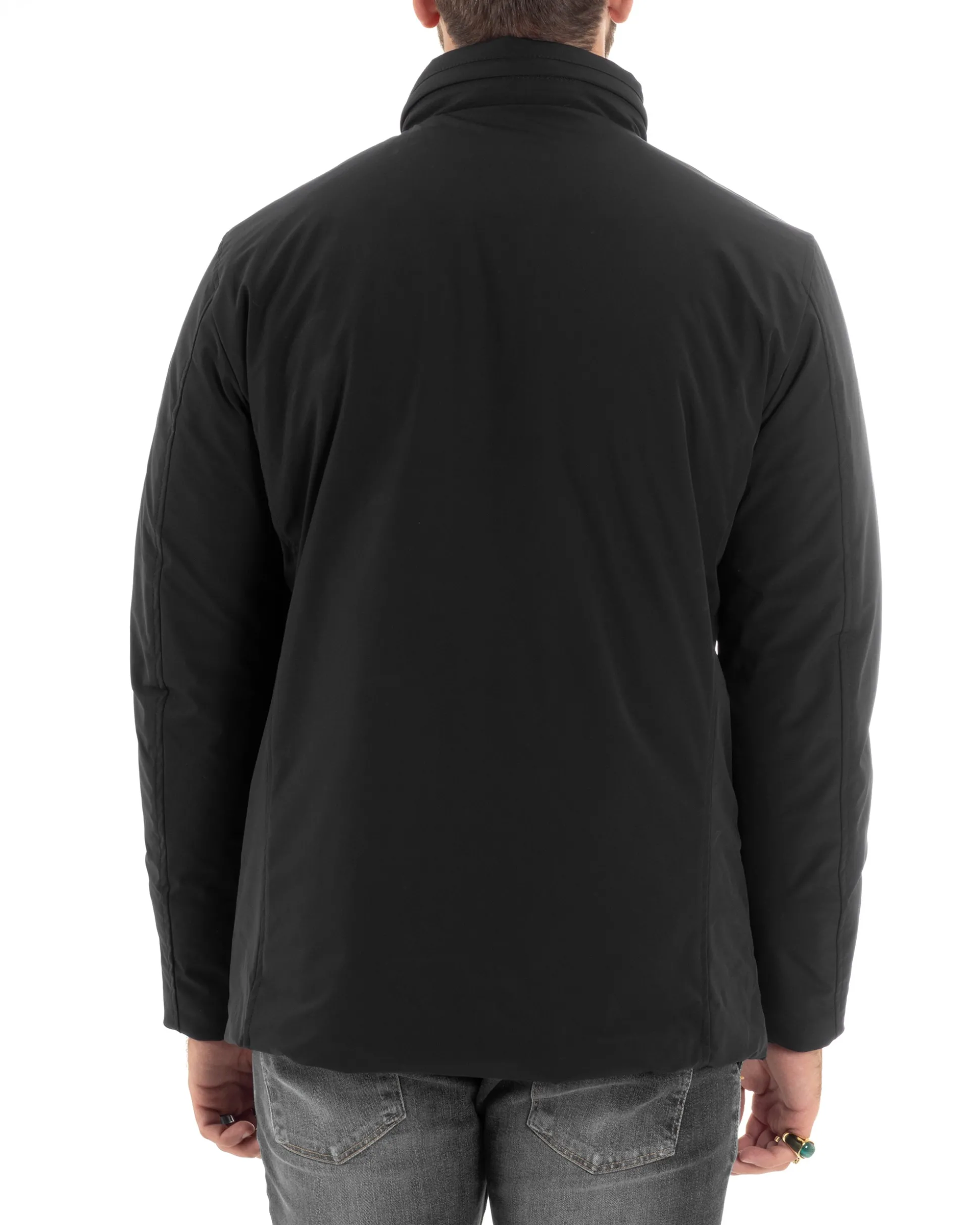 Giubbotto Uomo Tessuto Tecnico Sahariana Tasche E Zip Giacca Imbottita Impermeabile Nero GIOSAL-G3252A