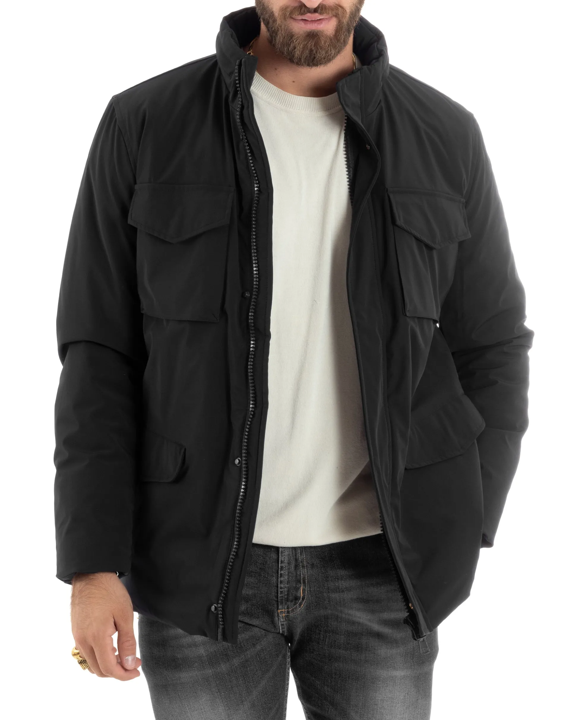 Giubbotto Uomo Tessuto Tecnico Sahariana Tasche E Zip Giacca Imbottita Impermeabile Nero GIOSAL-G3252A