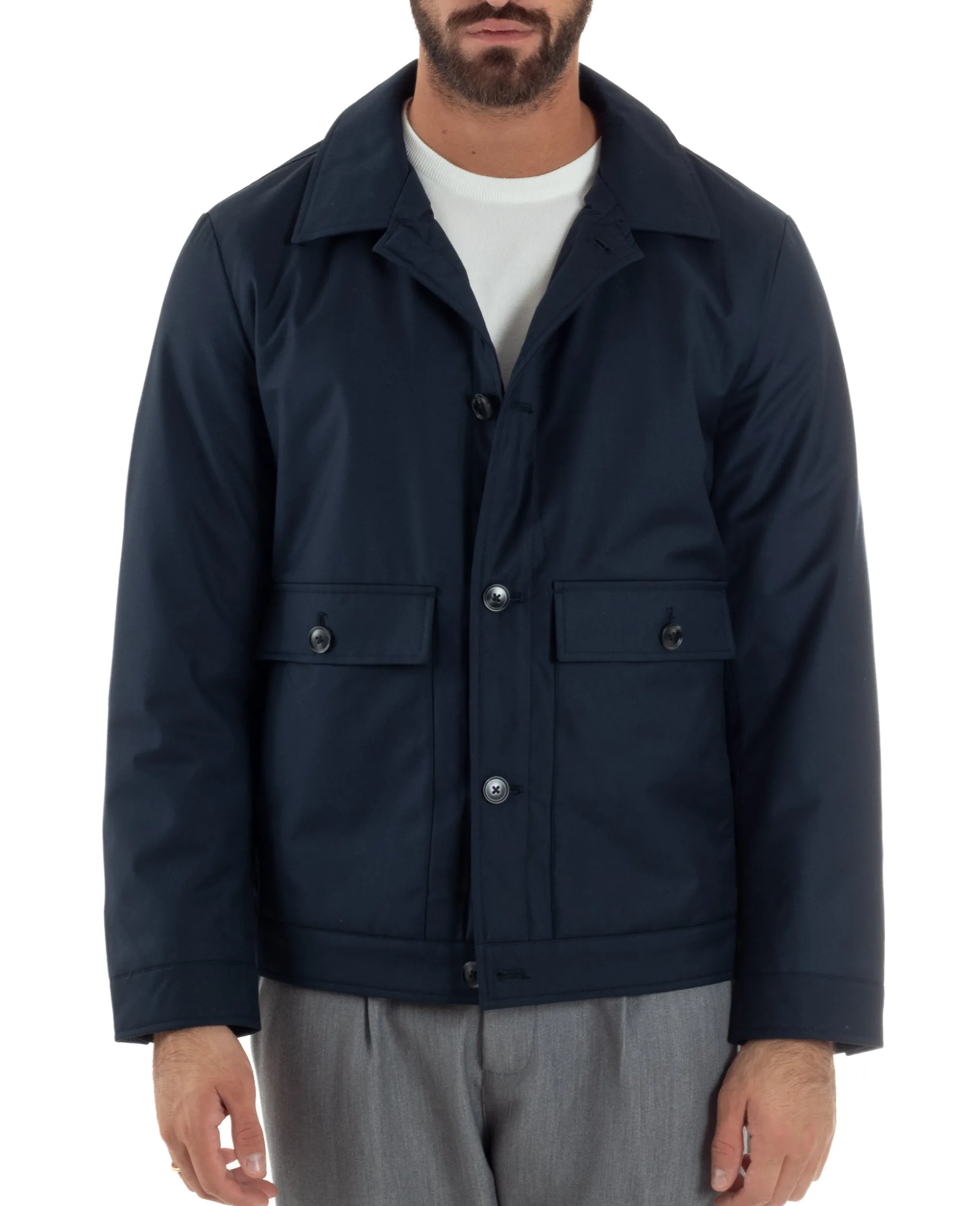 Giubbotto Uomo Tessuto Tecnico Impermeabile Giacca Basic Blu G3352A