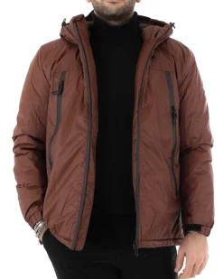 Giubbotto Uomo Tinta Unita Marrone Giacca Cappuccio Casual Zip GIOSAL-G2787A