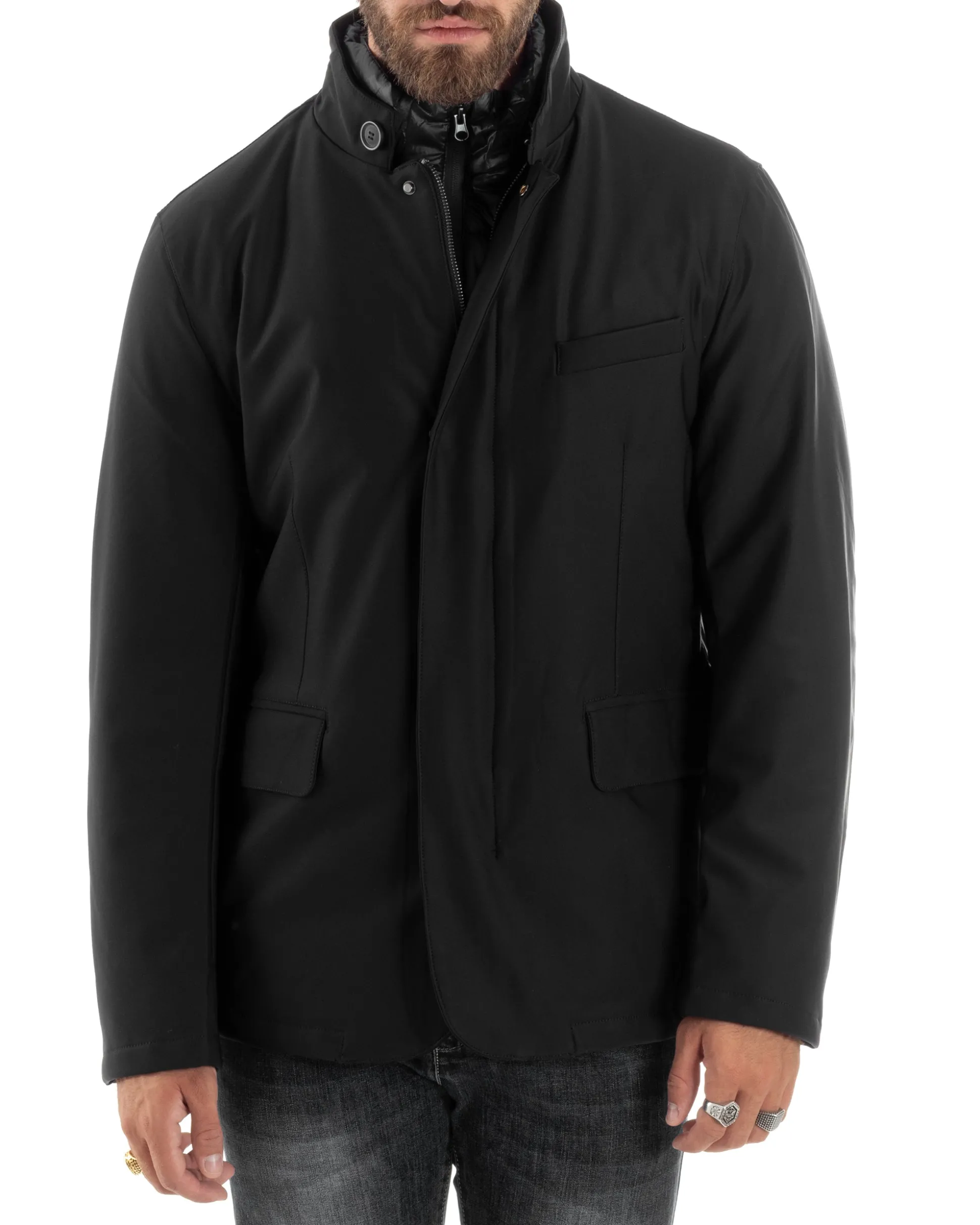 Giubbotto Uomo Trench Antivento Impermeabile Tessuto Tecnico Giacca Trapuntata Giaccone Lungo Imbottito Nero GIOSAL-G3224A