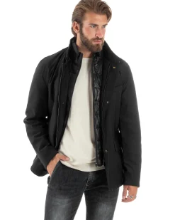 Giubbotto Uomo Trench Antivento Impermeabile Tessuto Tecnico Giacca Trapuntata Giaccone Lungo Imbottito Nero GIOSAL-G3224A