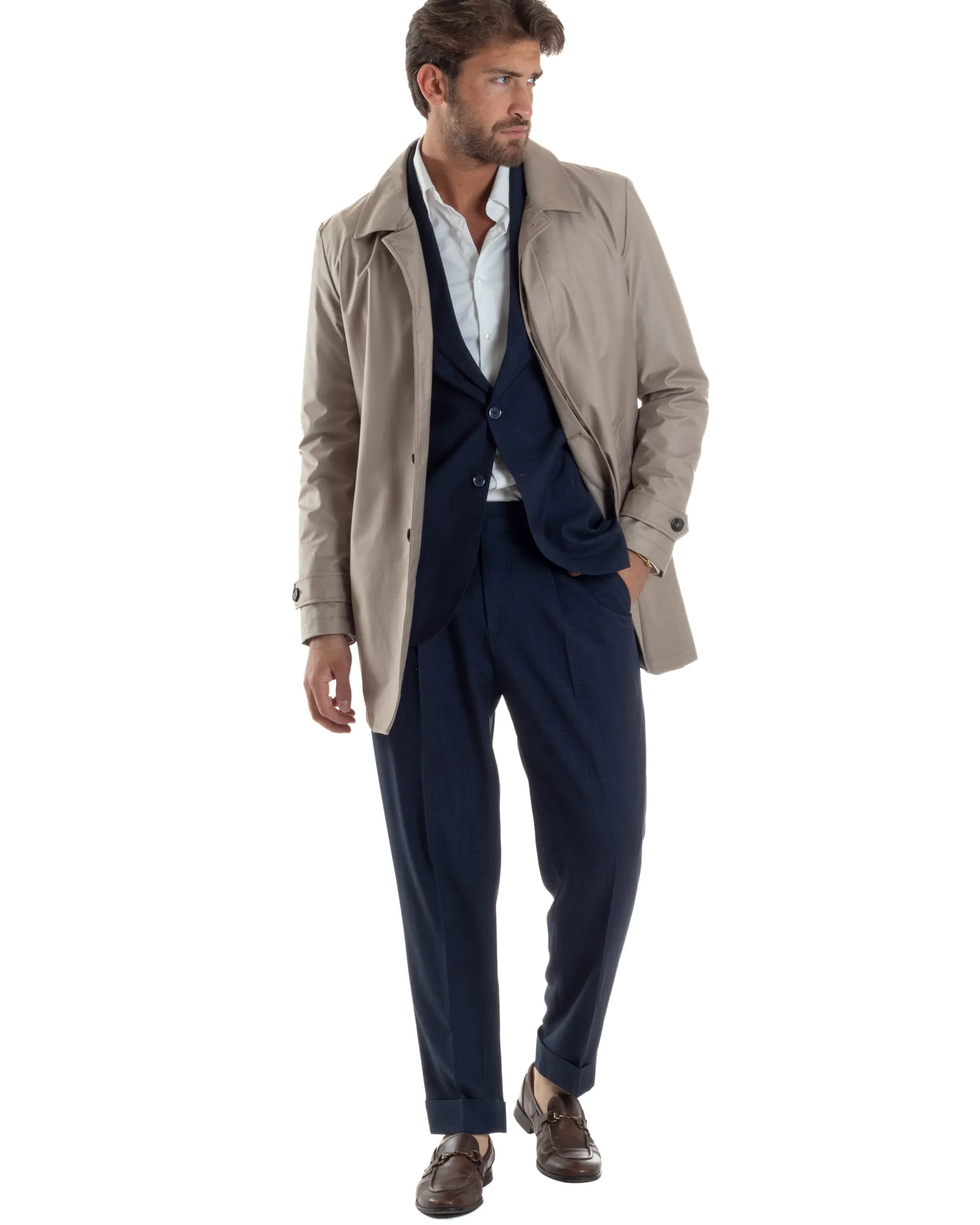 Giubbotto Uomo Trench Leggero Giacca Impermeabile Tessuto Tecnico No Stiro Beige G3302A