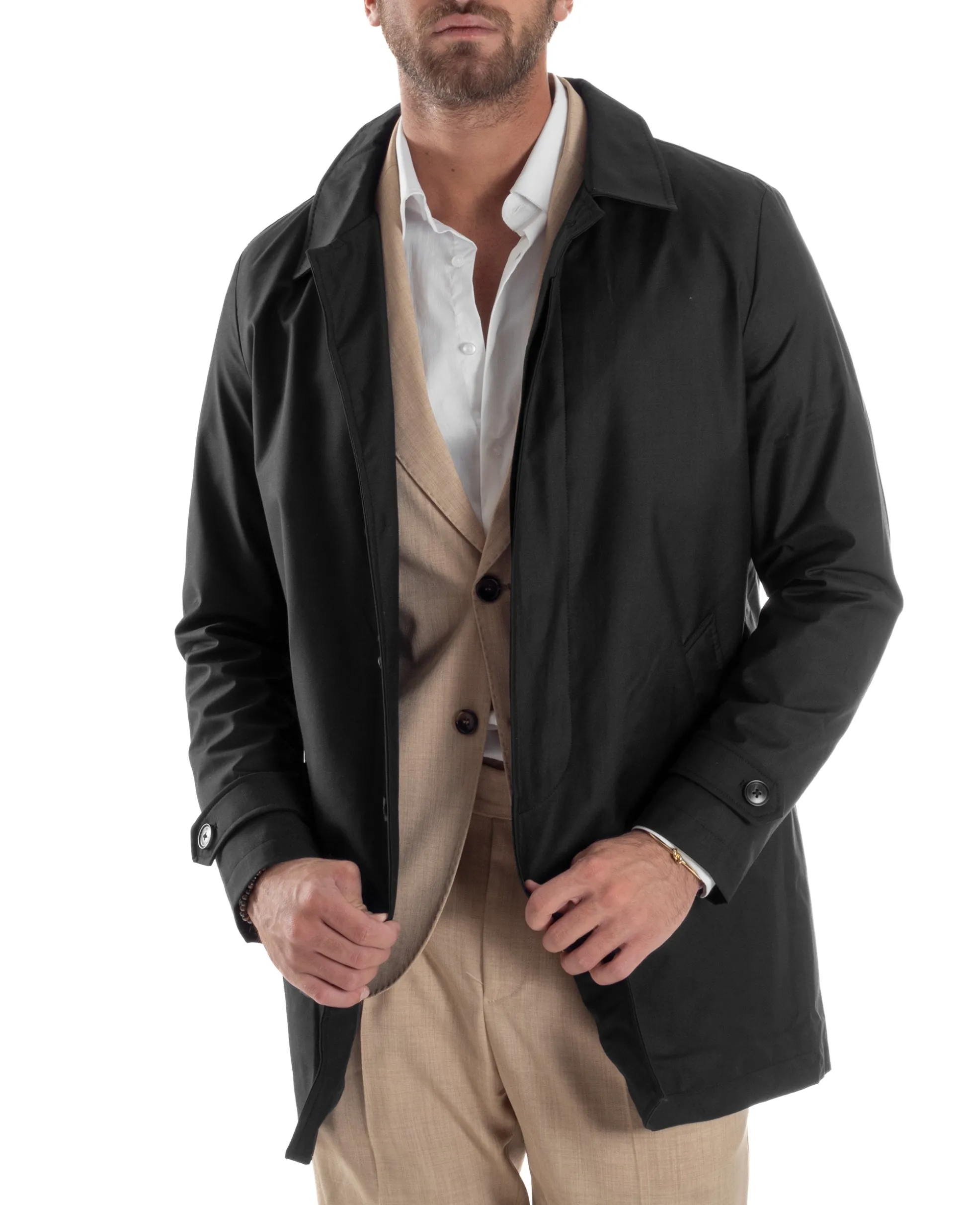Giubbotto Uomo Trench Leggero Giacca Impermeabile Tessuto Tecnico No Stiro Nero G3300A
