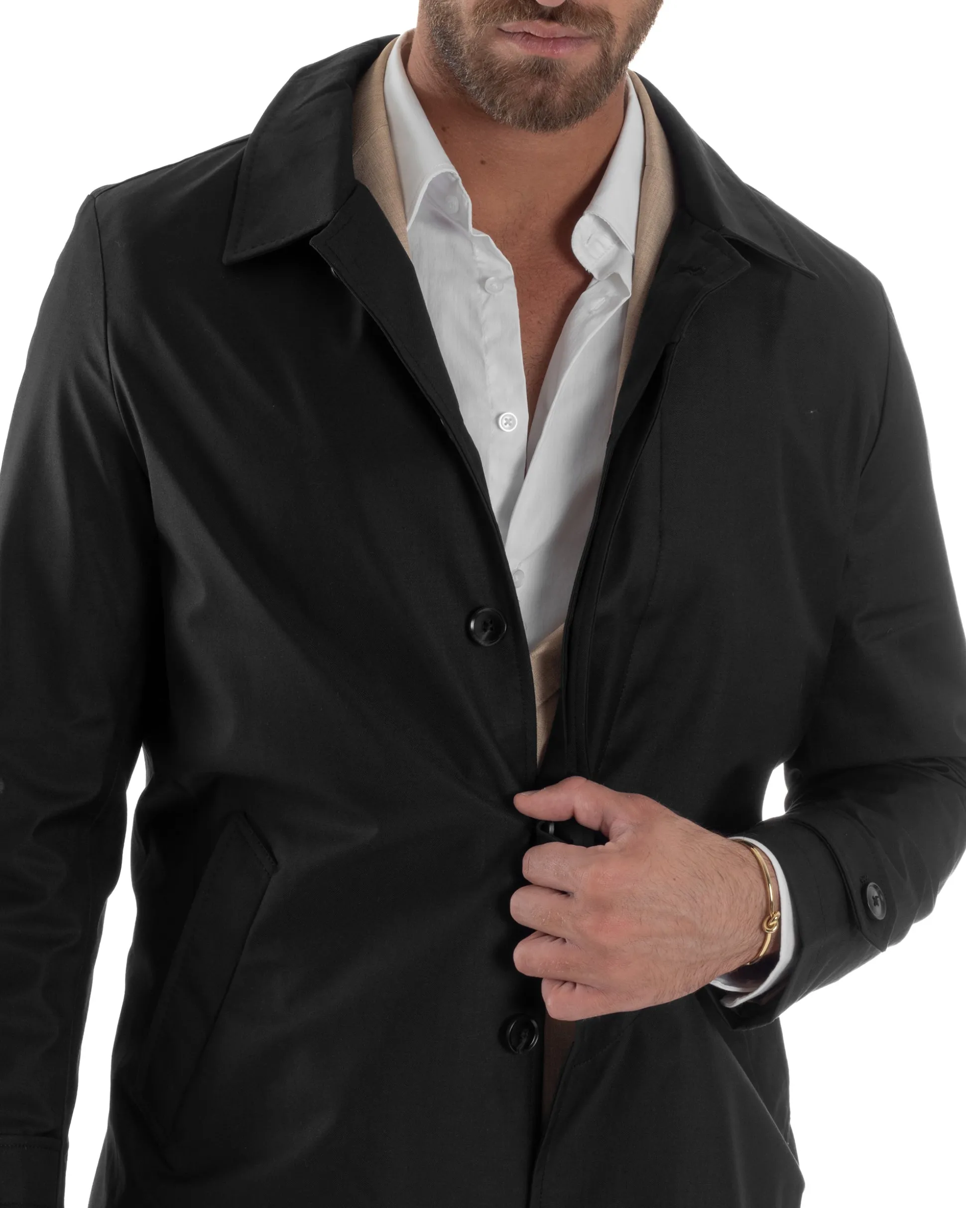 Giubbotto Uomo Trench Leggero Giacca Impermeabile Tessuto Tecnico No Stiro Nero G3300A