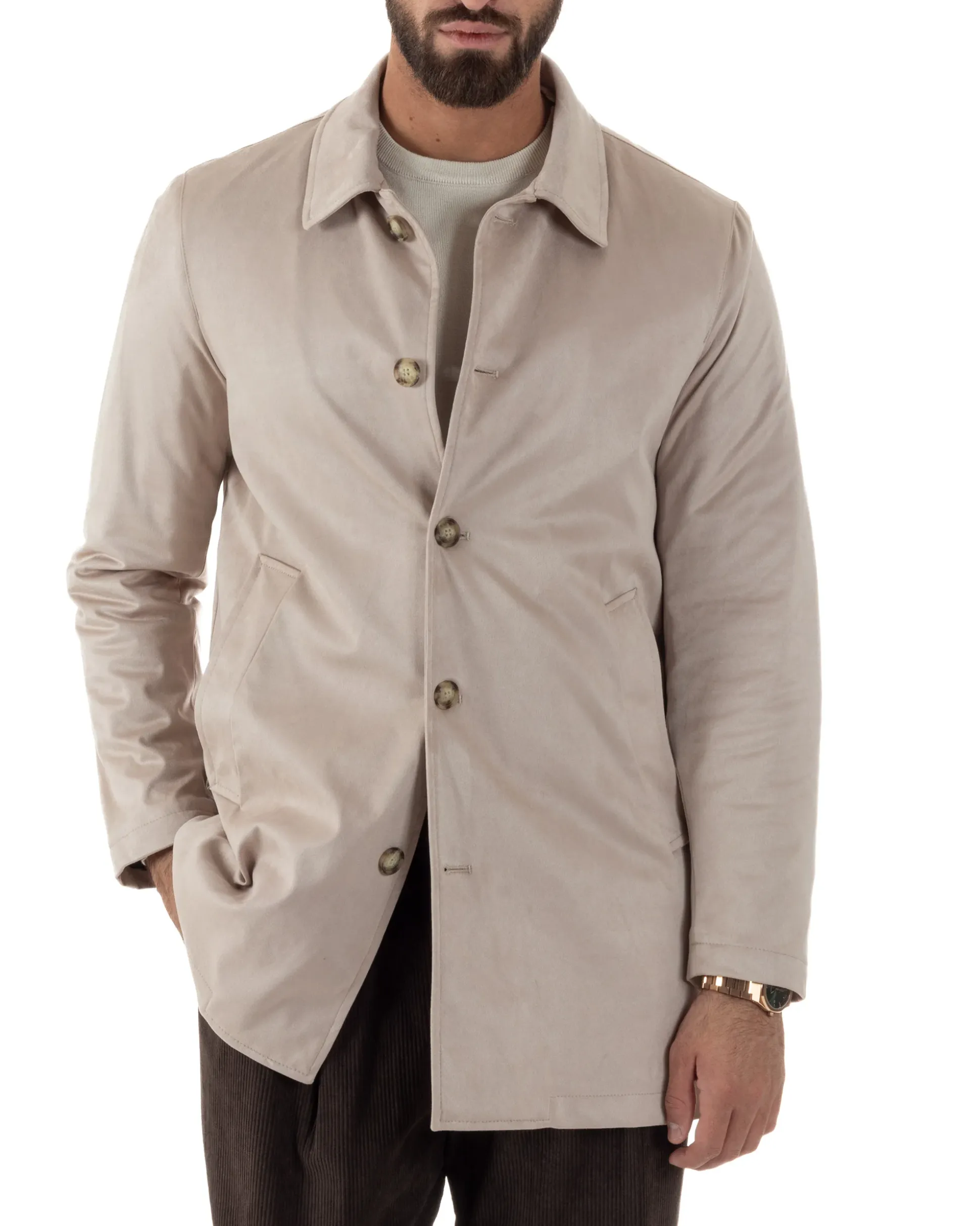 Giubbotto Uomo Trench Lungo Camoscio Imbottito Beige BlackSunday G3384A