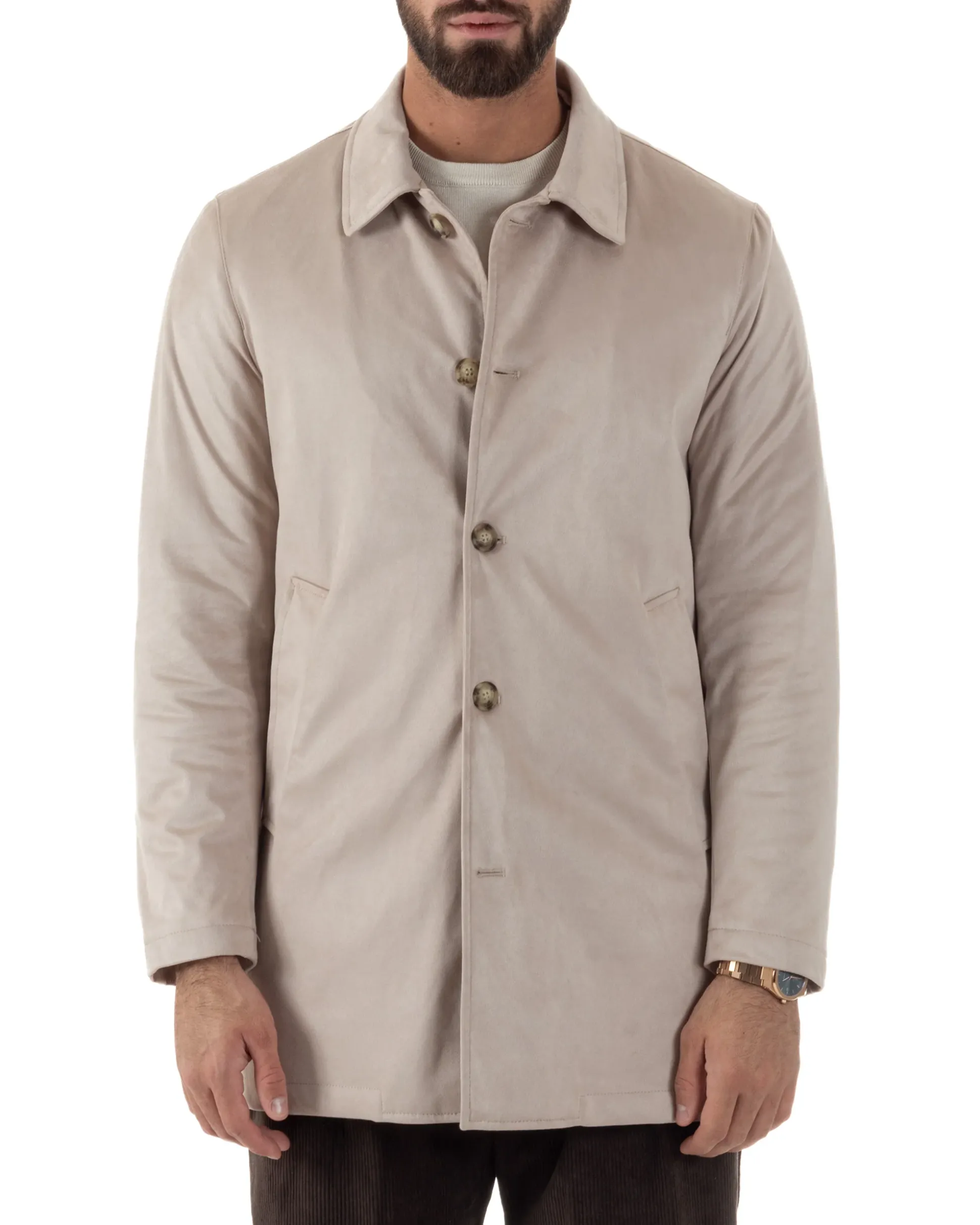 Giubbotto Uomo Trench Lungo Camoscio Imbottito Beige BlackSunday G3384A