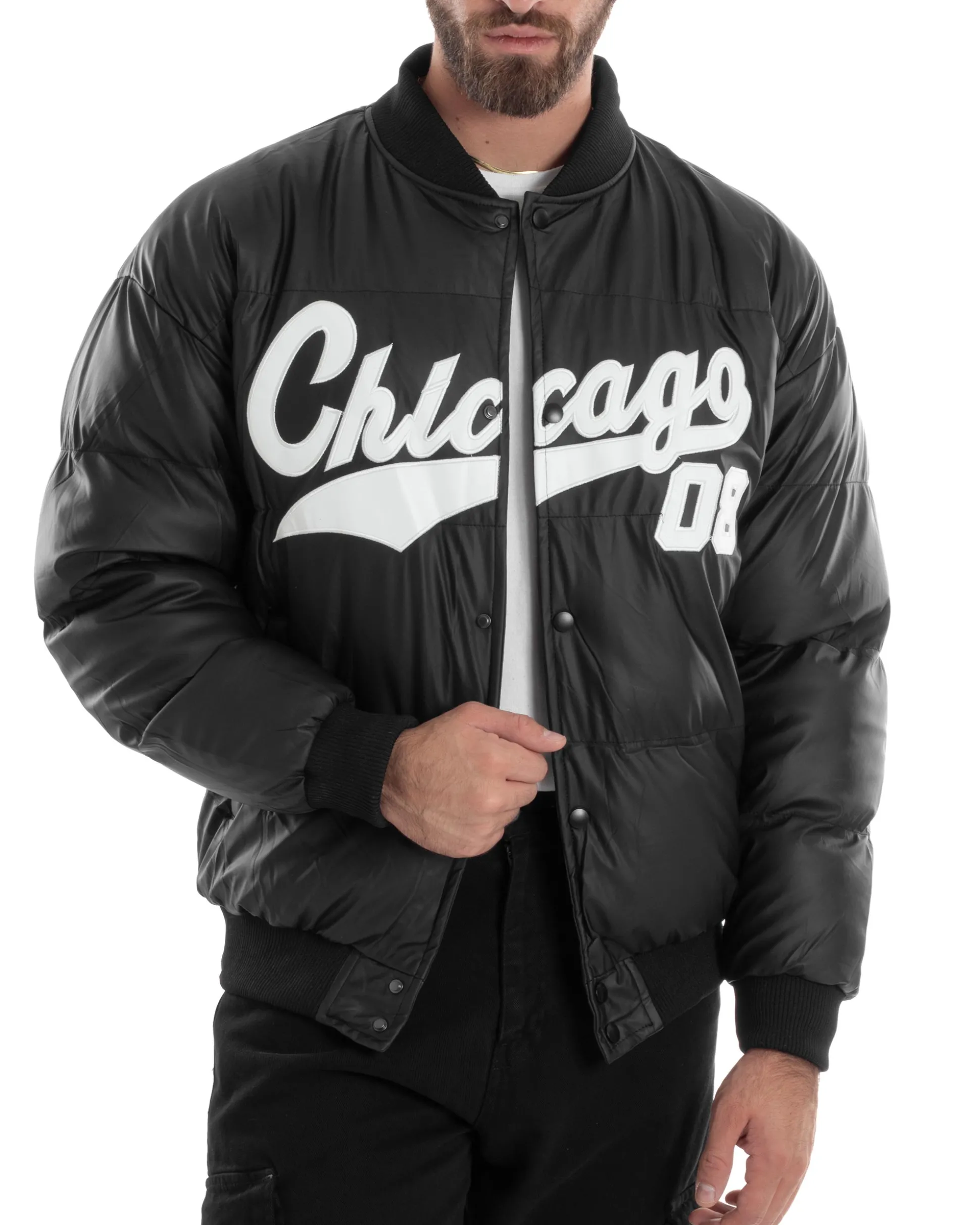 Giubbotto Uomo Varsity Imbottito Bomber College Caldo Giacca Con Patch Relaxed Fit Tessuto Tecnico Tinta Unita Nero GIOSAL-G3253A