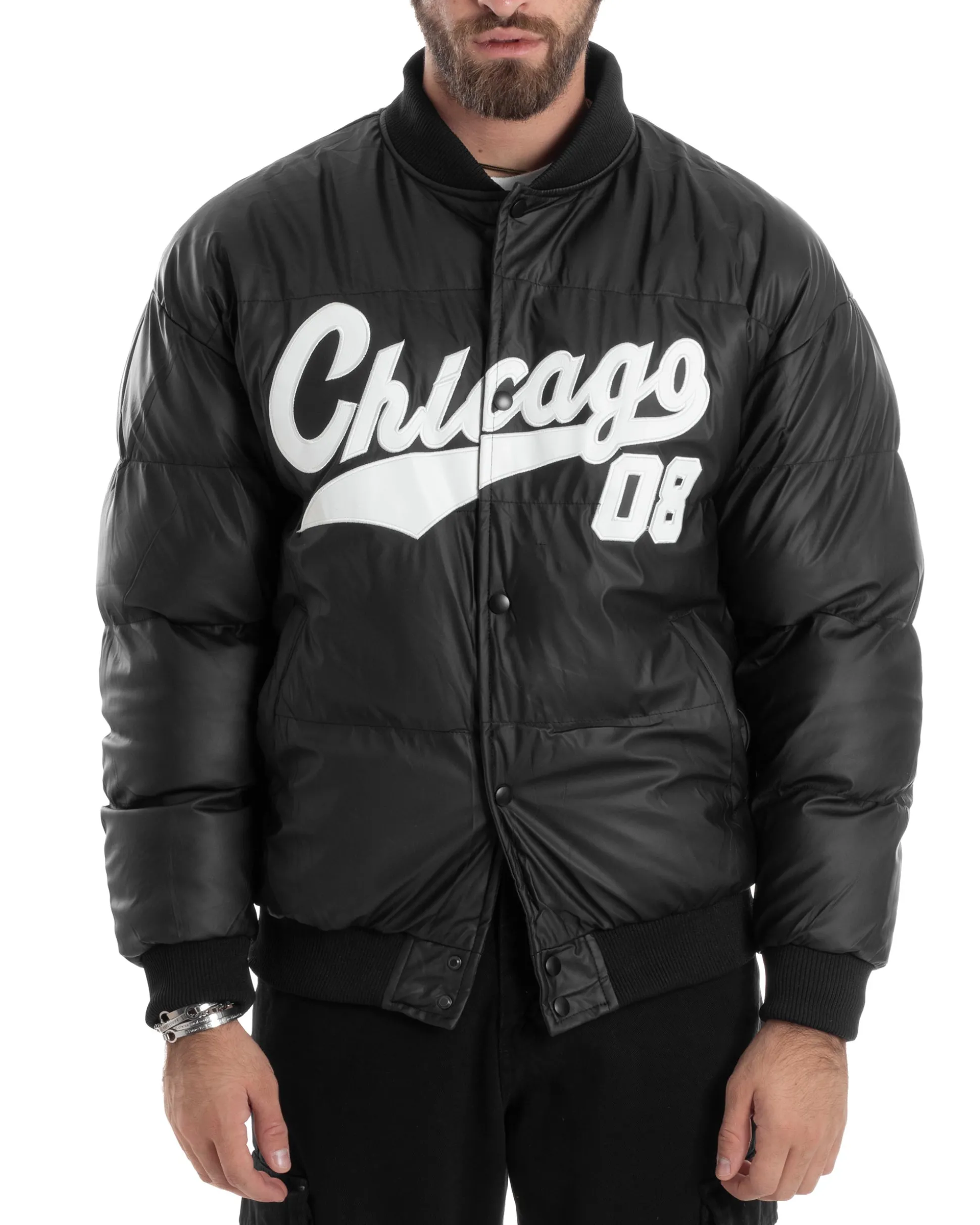 Giubbotto Uomo Varsity Imbottito Bomber College Caldo Giacca Con Patch Relaxed Fit Tessuto Tecnico Tinta Unita Nero GIOSAL-G3253A
