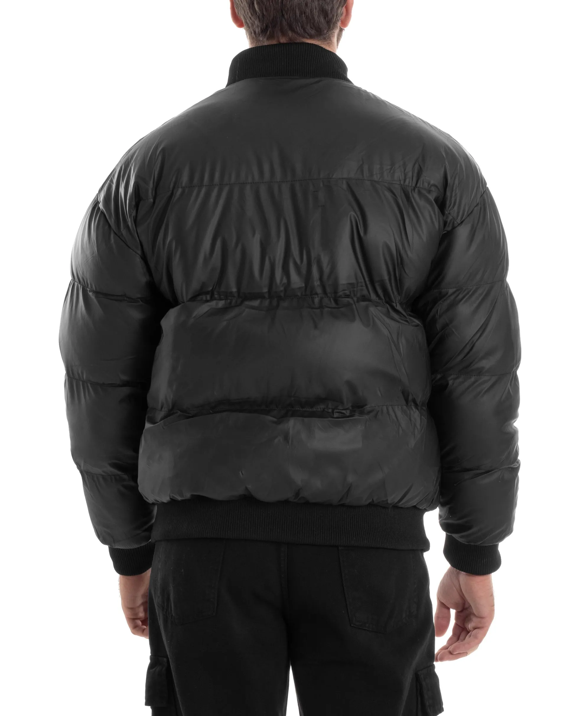 Giubbotto Uomo Varsity Imbottito Bomber College Caldo Giacca Con Patch Relaxed Fit Tessuto Tecnico Tinta Unita Nero GIOSAL-G3253A