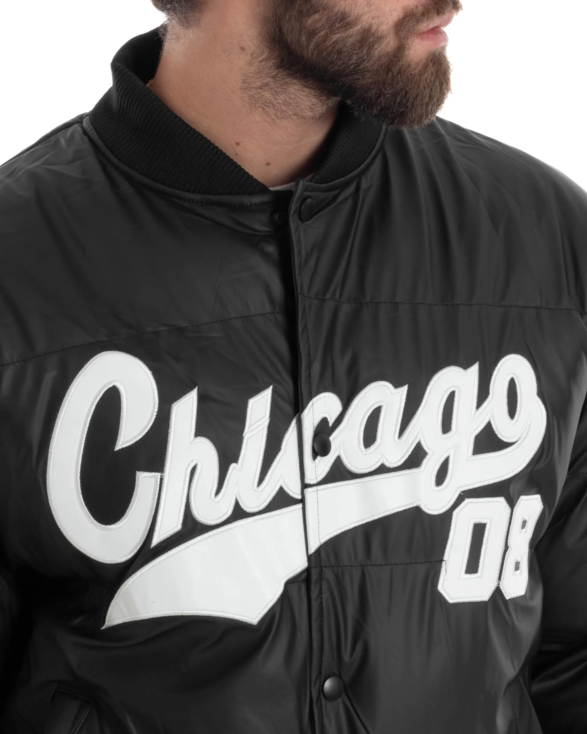 Giubbotto Uomo Varsity Imbottito Bomber College Caldo Giacca Con Patch Relaxed Fit Tessuto Tecnico Tinta Unita Nero GIOSAL-G3253A