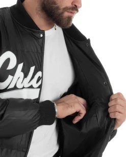 Giubbotto Uomo Varsity Imbottito Bomber College Caldo Giacca Con Patch Relaxed Fit Tessuto Tecnico Tinta Unita Nero GIOSAL-G3253A