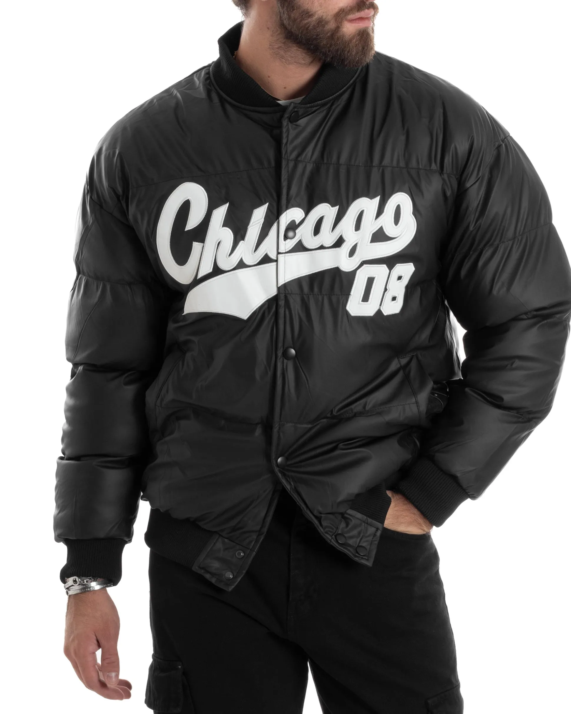 Giubbotto Uomo Varsity Imbottito Bomber College Caldo Giacca Con Patch Relaxed Fit Tessuto Tecnico Tinta Unita Nero GIOSAL-G3253A