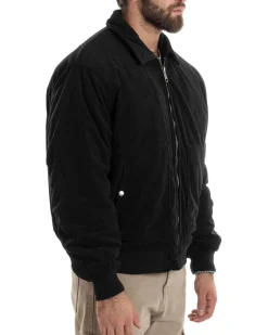 Giubbotto Uomo Velluto Rigato Giaccone Caldo Imbottito Bomber Con Collo Camicia E Tasconi Nero GIOSAL-G3254A
