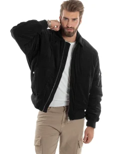 Giubbotto Uomo Velluto Rigato Giaccone Caldo Imbottito Bomber Con Collo Camicia E Tasconi Nero GIOSAL-G3254A