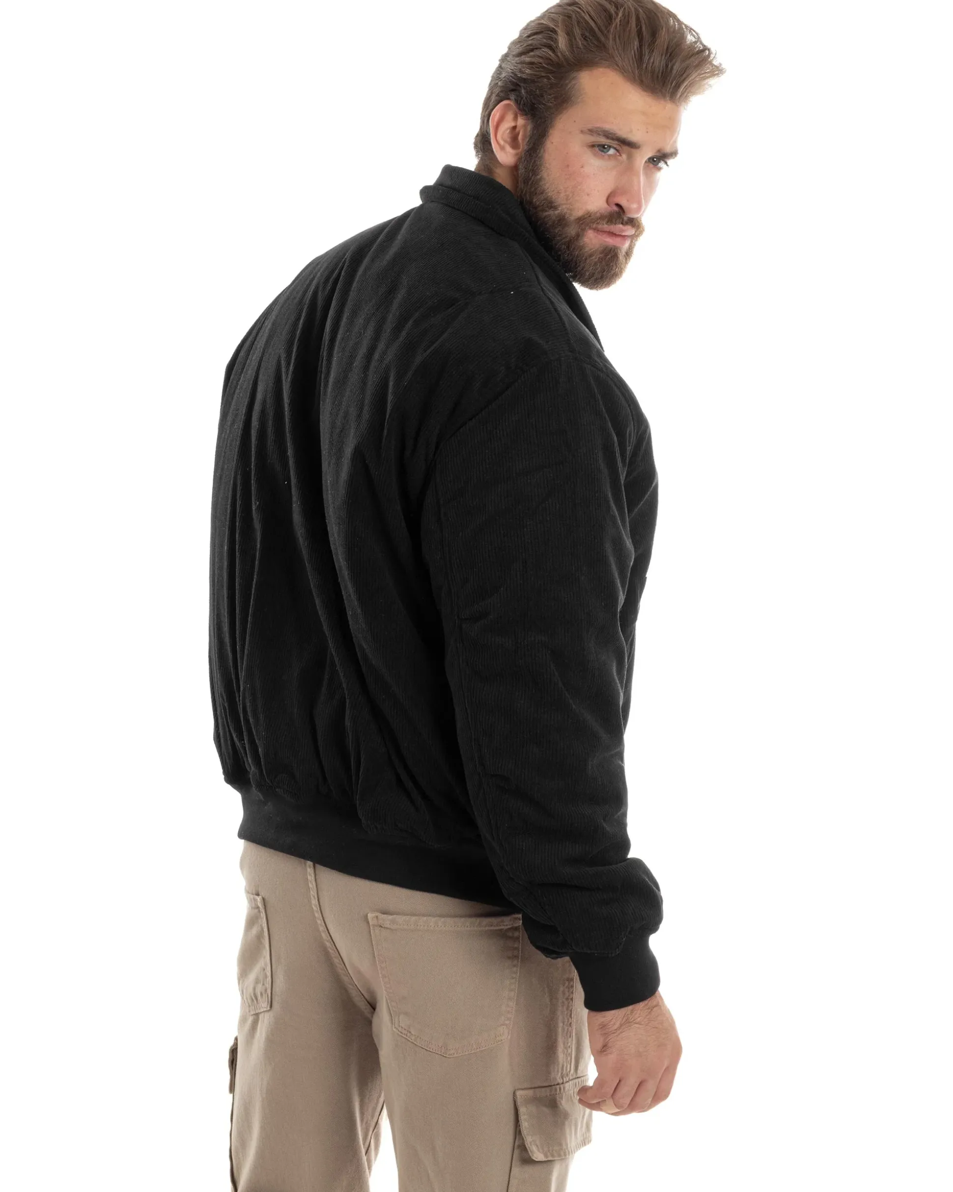 Giubbotto Uomo Velluto Rigato Giaccone Caldo Imbottito Bomber Con Collo Camicia E Tasconi Nero GIOSAL-G3254A