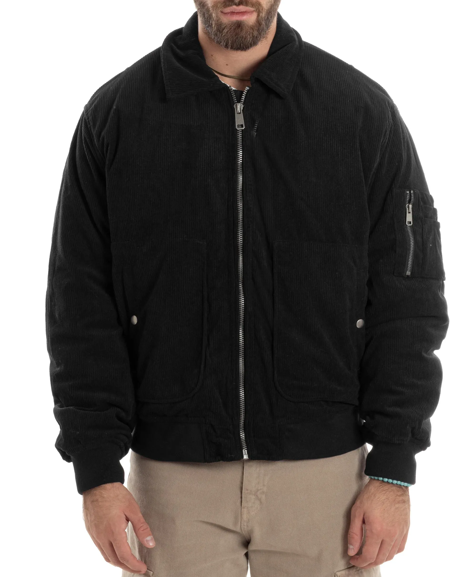 Giubbotto Uomo Velluto Rigato Giaccone Caldo Imbottito Bomber Con Collo Camicia E Tasconi Nero GIOSAL-G3254A