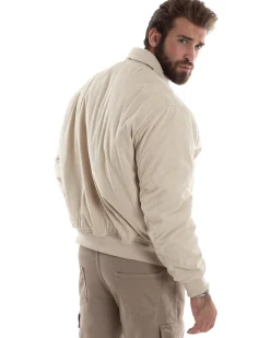 Giubbotto Uomo Velluto Rigato Giaccone Caldo Imbottito Bomber Con Collo Camicia E Tasconi Beige GIOSAL-G3255A