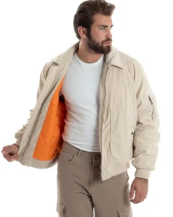 Giubbotto Uomo Velluto Rigato Giaccone Caldo Imbottito Bomber Con Collo Camicia E Tasconi Beige GIOSAL-G3255A