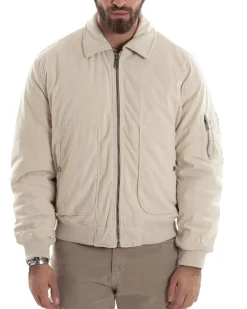 Giubbotto Uomo Velluto Rigato Giaccone Caldo Imbottito Bomber Con Collo Camicia E Tasconi Beige GIOSAL-G3255A