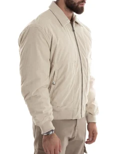 Giubbotto Uomo Velluto Rigato Giaccone Caldo Imbottito Bomber Con Collo Camicia E Tasconi Beige GIOSAL-G3255A