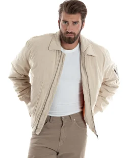 Giubbotto Uomo Velluto Rigato Giaccone Caldo Imbottito Bomber Con Collo Camicia E Tasconi Beige GIOSAL-G3255A