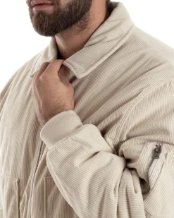 Giubbotto Uomo Velluto Rigato Giaccone Caldo Imbottito Bomber Con Collo Camicia E Tasconi Beige GIOSAL-G3255A