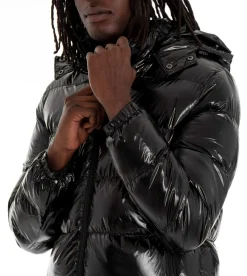 Giubbotto uomo vernice lucido bomber cappuccio puffer piumino trapuntato tinta unita nero GIOSAL-G2370A