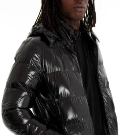 Giubbotto uomo vernice lucido bomber cappuccio puffer piumino trapuntato tinta unita nero GIOSAL-G2370A