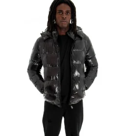 Giubbotto uomo vernice lucido bomber cappuccio puffer piumino trapuntato tinta unita nero GIOSAL-G2370A