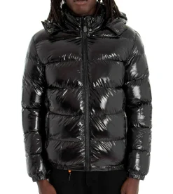 Giubbotto uomo vernice lucido bomber cappuccio puffer piumino trapuntato tinta unita nero GIOSAL-G2370A
