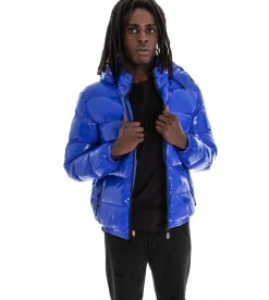 Giubbotto Uomo Vernice Lucido Bomber Con Cappuccio Puffer Piumino Trapuntato Tinta Unita Blu Royal GIOSAL-G2373A