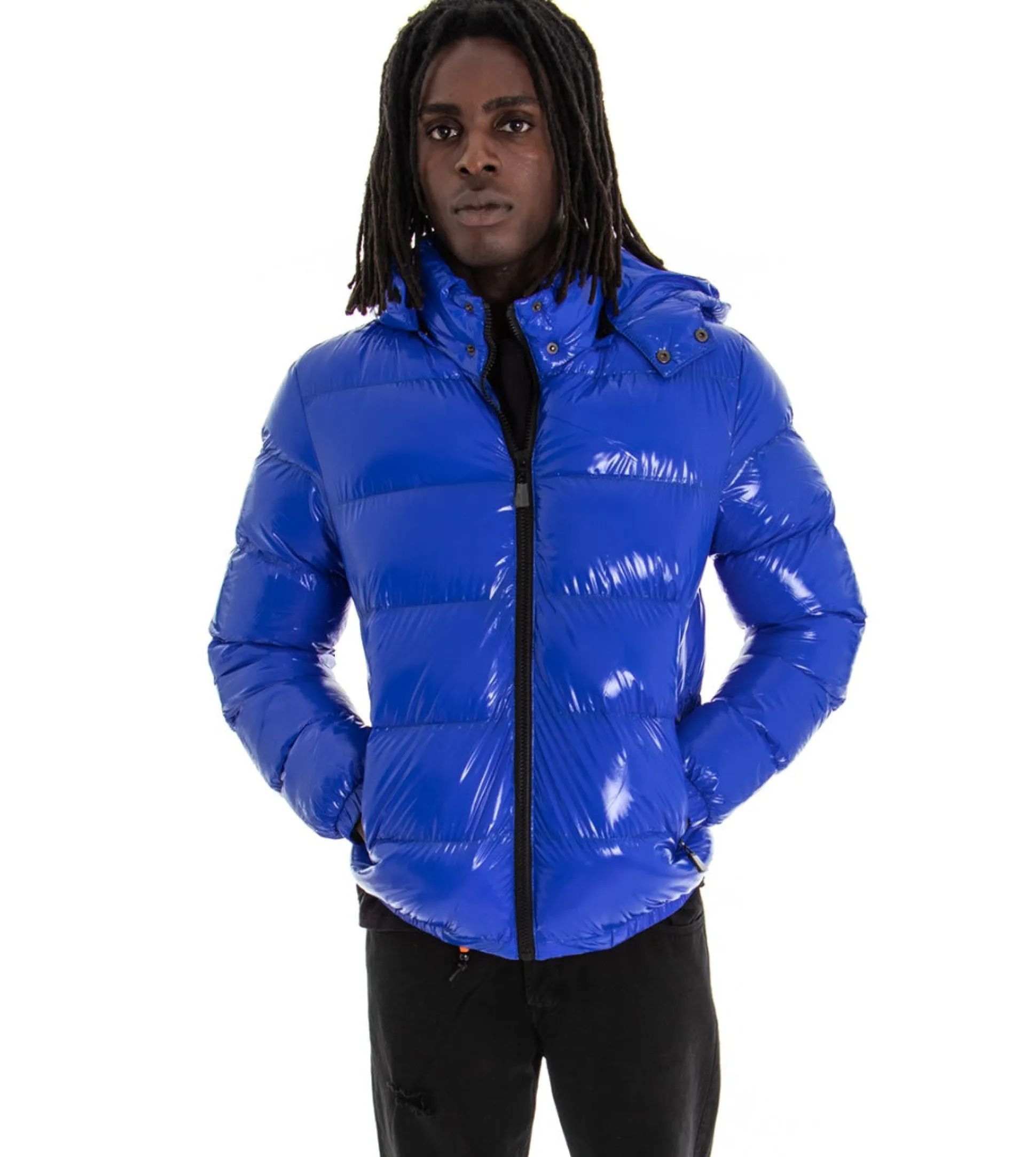 Giubbotto Uomo Vernice Lucido Bomber Con Cappuccio Puffer Piumino Trapuntato Tinta Unita Blu Royal GIOSAL-G2373A