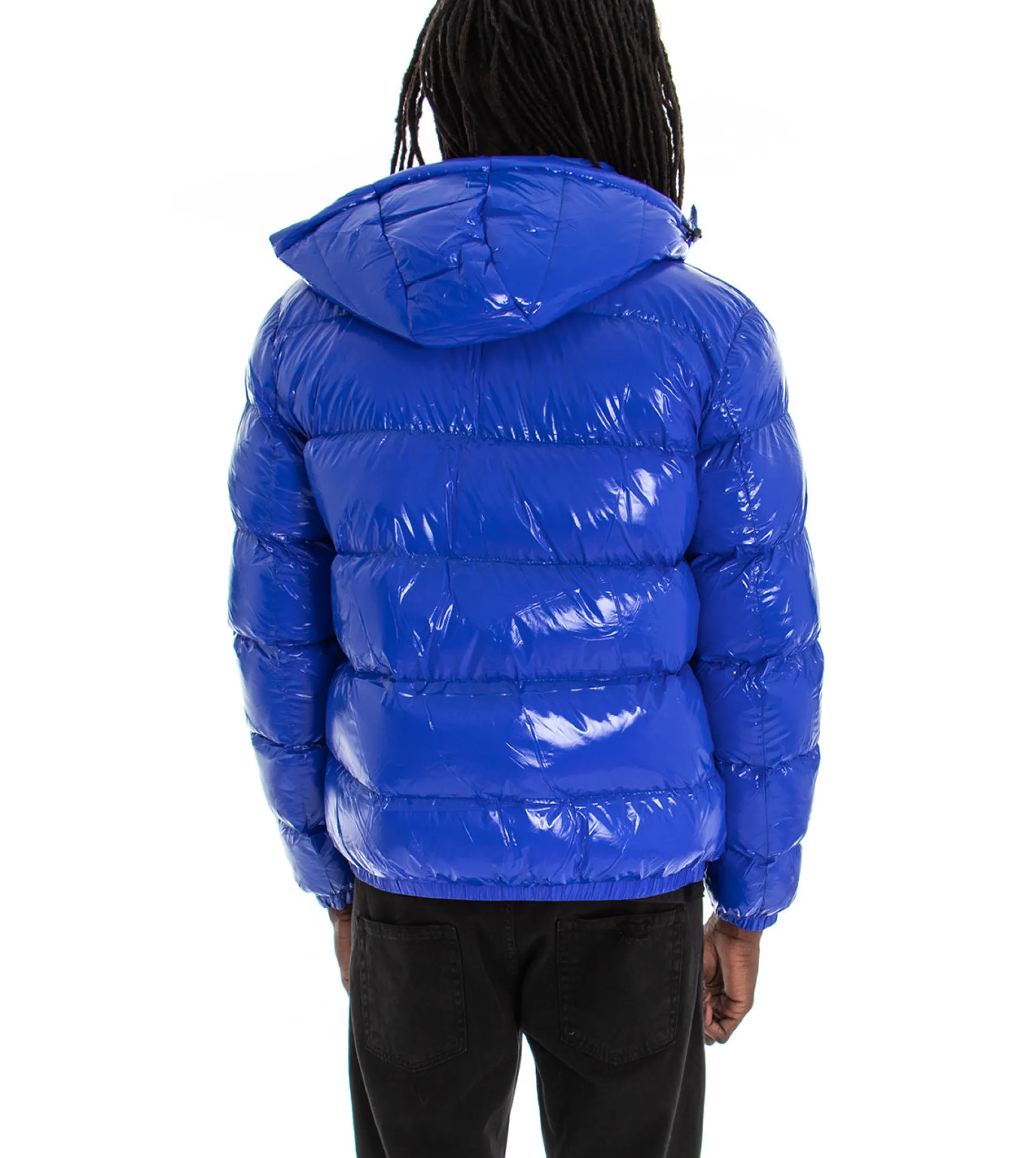 Giubbotto Uomo Vernice Lucido Bomber Con Cappuccio Puffer Piumino Trapuntato Tinta Unita Blu Royal GIOSAL-G2373A