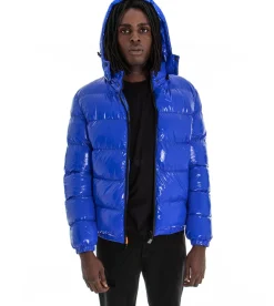 Giubbotto Uomo Vernice Lucido Bomber Con Cappuccio Puffer Piumino Trapuntato Tinta Unita Blu Royal GIOSAL-G2373A