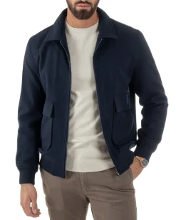 Giubbotto Uomo Zip Colletto Bomber Panno Blu G3381A