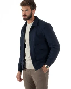 Giubbotto Uomo Zip Colletto Bomber Panno Blu G3381A