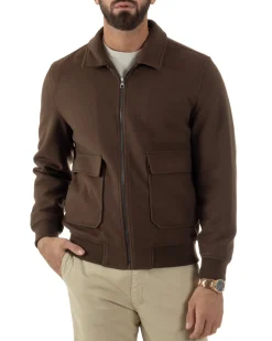 Giubbotto Uomo Zip Colletto Bomber Panno Marrone G3380A