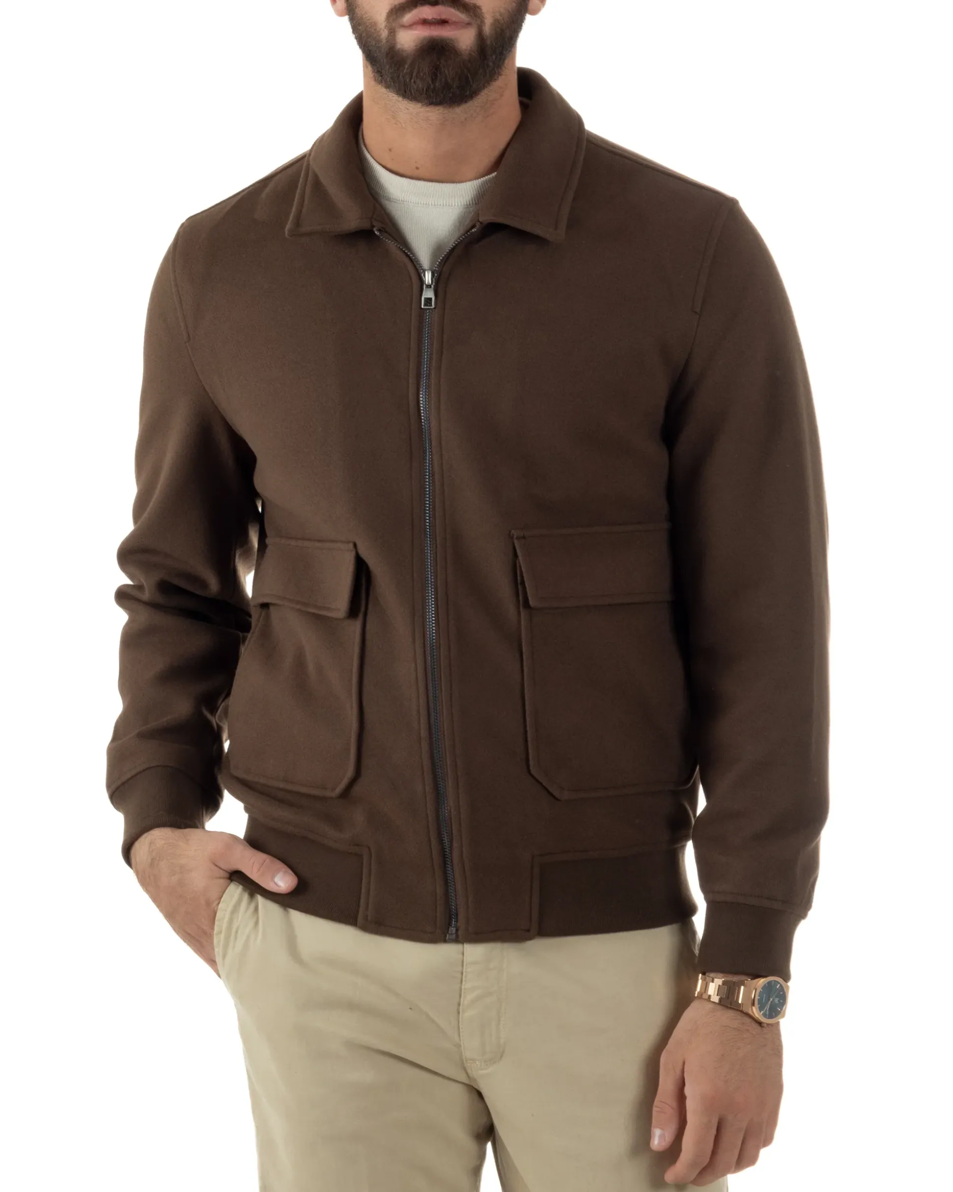 Giubbotto Uomo Zip Colletto Bomber Panno Marrone G3380A