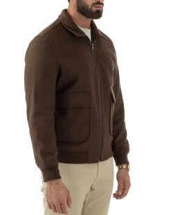 Giubbotto Uomo Zip Colletto Bomber Panno Marrone G3380A