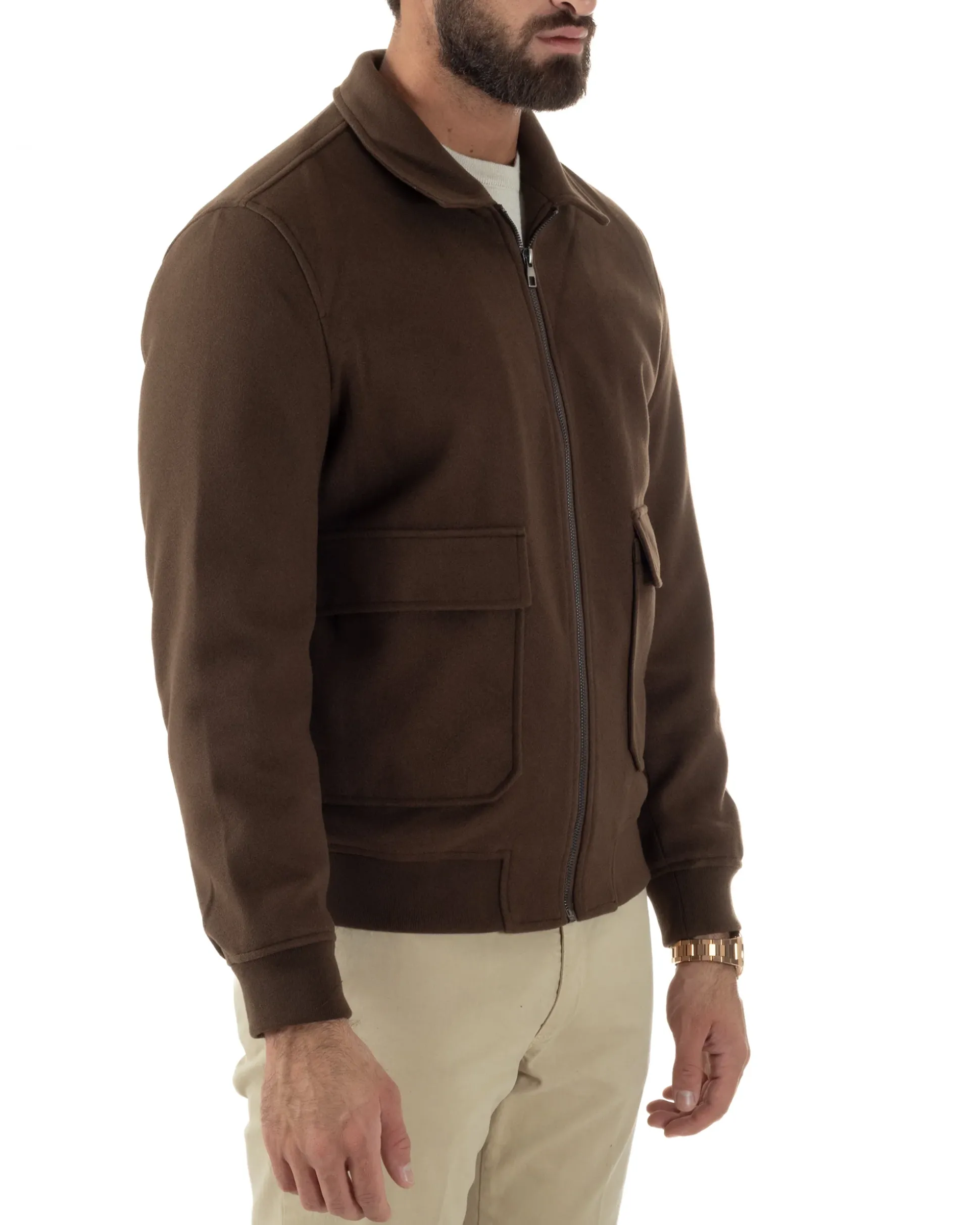 Giubbotto Uomo Zip Colletto Bomber Panno Marrone G3380A