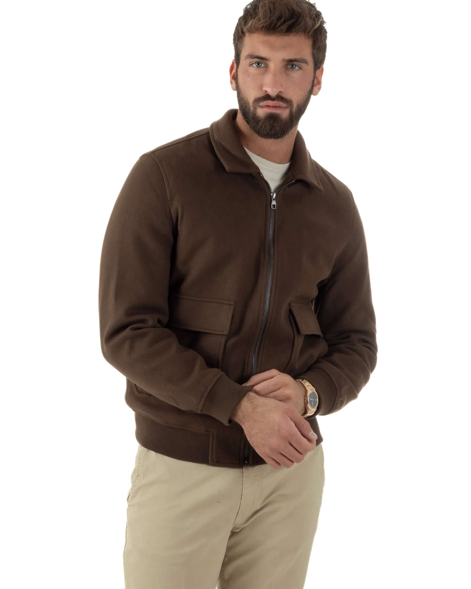 Giubbotto Uomo Zip Colletto Bomber Panno Marrone G3380A